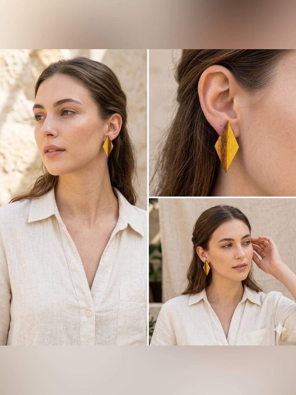 Vintage Handmade Wooden Diamond Stud Earrings Geometric Natural Wood Statement